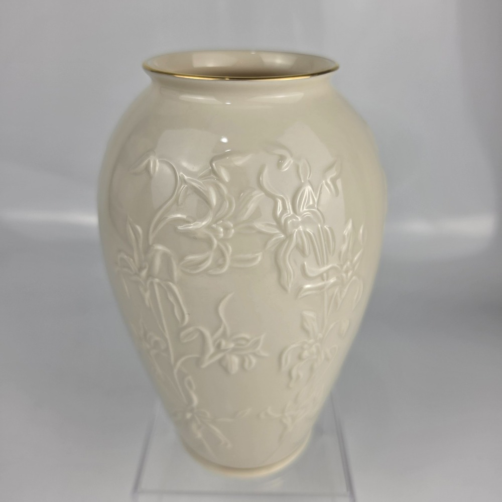 Lenox Centennial 1889-1989 Ivory Embossed Floral Vase Gold Trim Made in USA